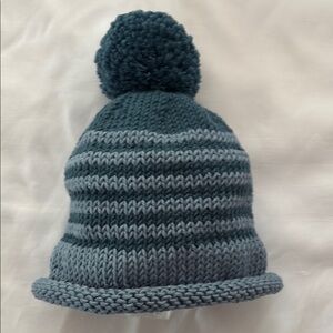 New Cozy Hand Knit Infant’s Striped Pom-Pom Hat - Teal & Slate Blue